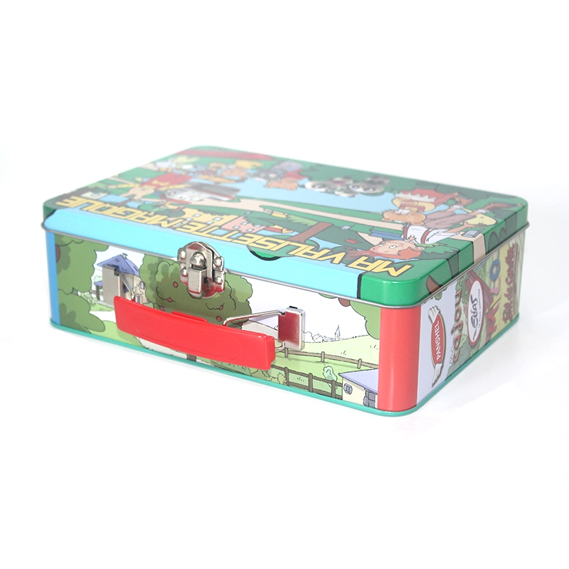 Small Rectangular Hinged Lid Metal Stationery Cosmetics Tin Case Beautiful Lunch Tin Box with Handle for Children