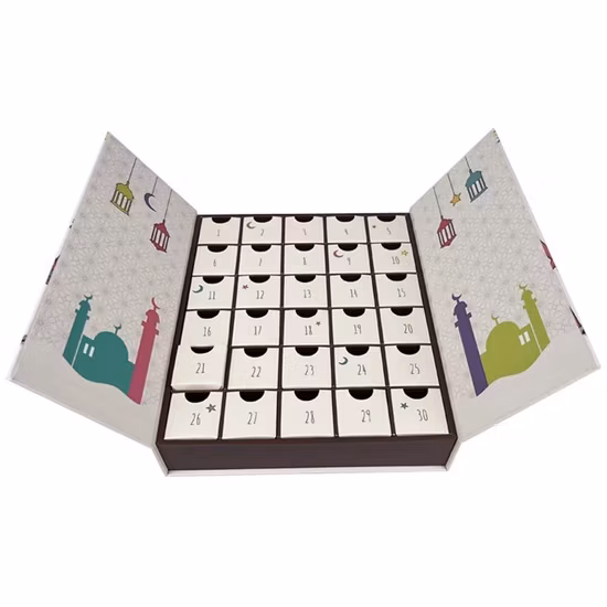 Scatole per imballaggio in carta dal design personalizzato Regalo di cioccolato per uso alimentare Regalo di festa 12 giorni di Natale Conto alla rovescia Calendario dell'Avvento Ramadan Scatola cieca